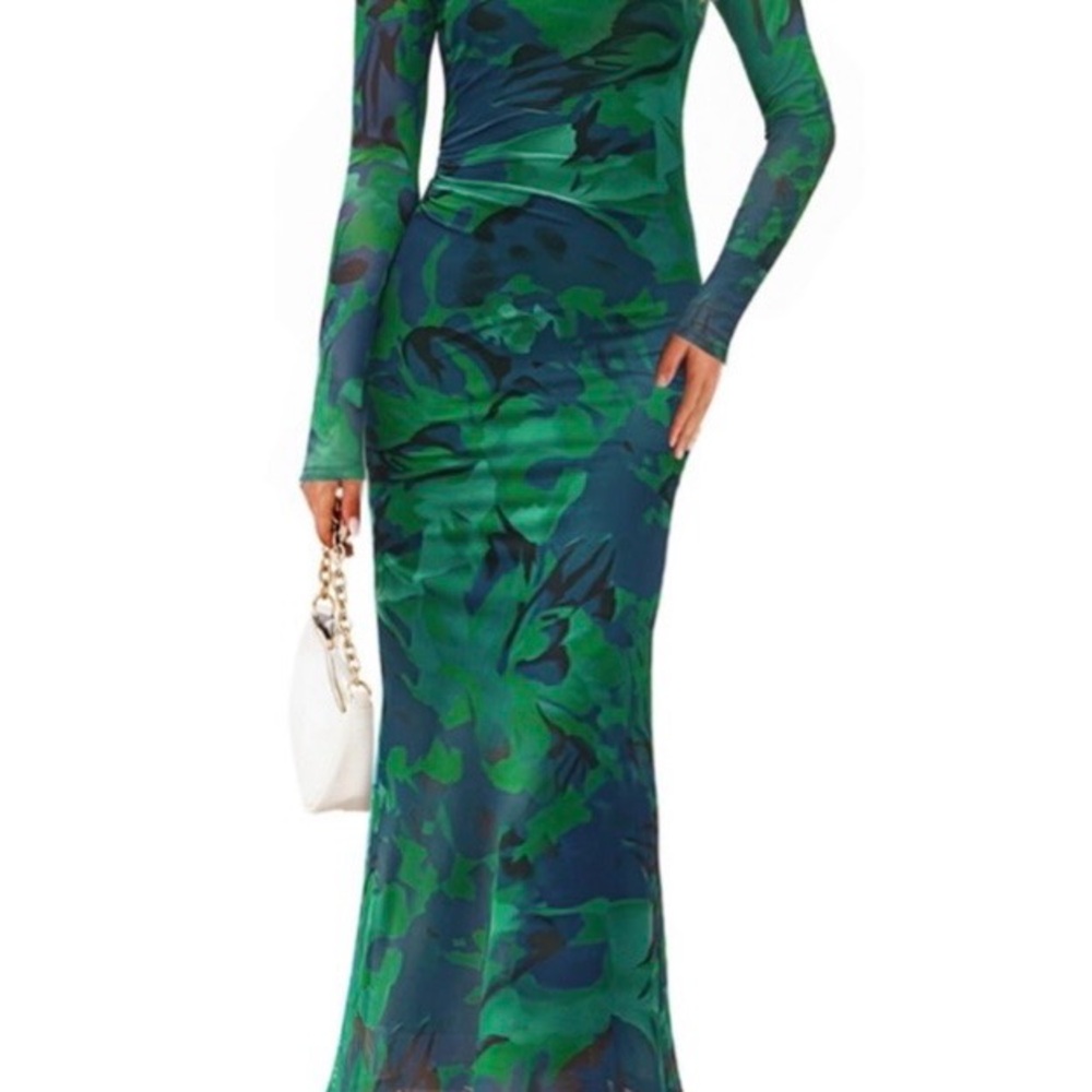 Elegant Green and Blue Camouflage Maxi Dress
